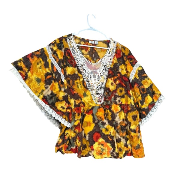 Cato 18/20W Yellow Brown Top Bohemian Gypsy Crochet Lace Hippie Fairy Ar… - Picture 5 of 10